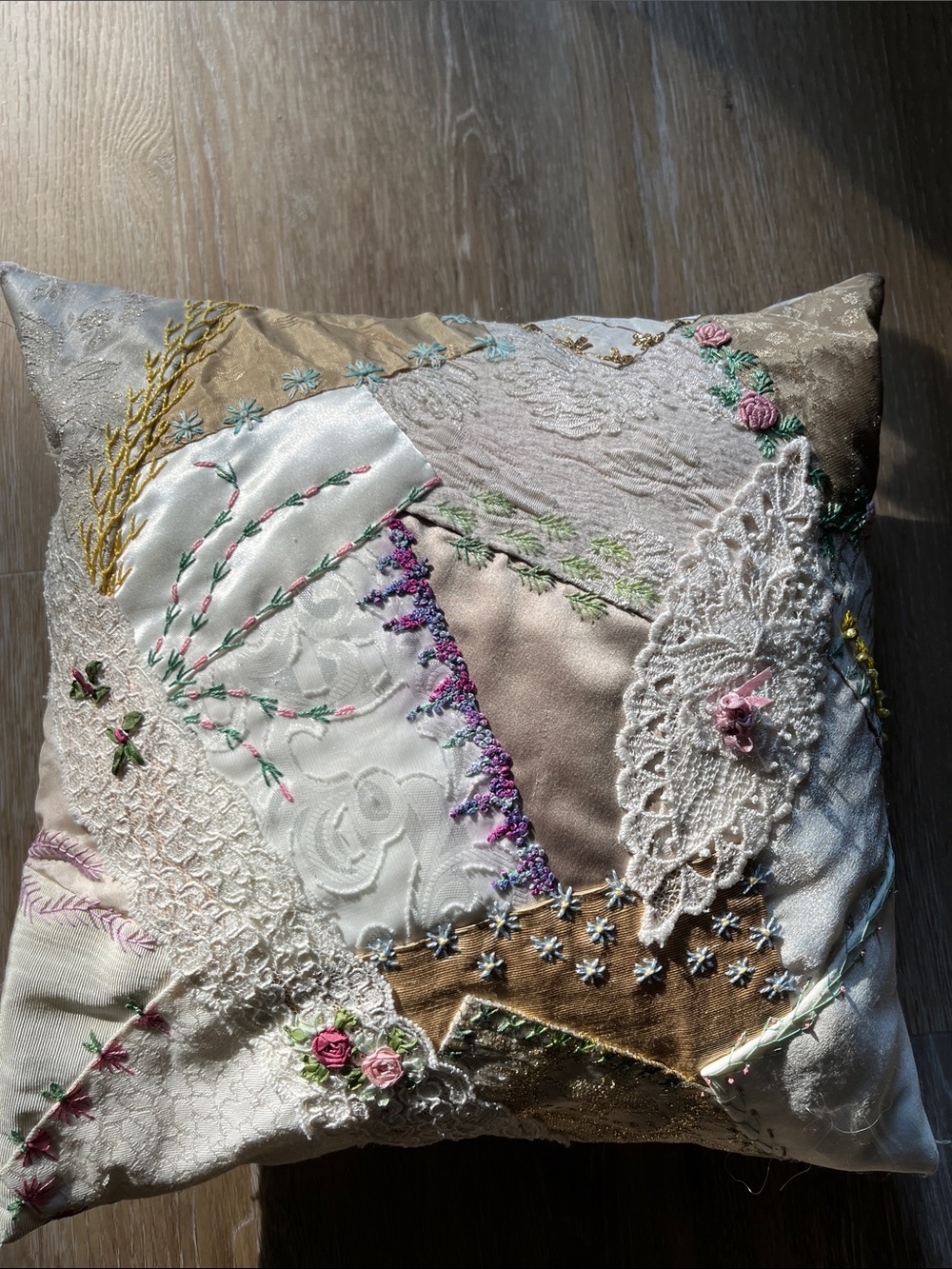 Embroidered Vintage Patchwork Decorative Pillow - Cream, Gold, Pink
